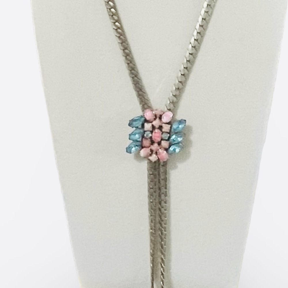 Vintage Gold Tone Coral and Rhinestone Bolo Slider Necklace